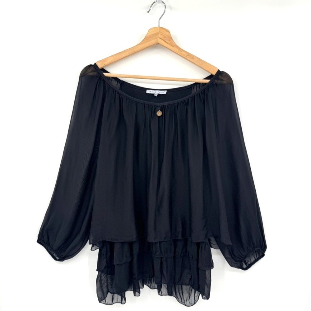 Tempo Paris Black Silk Sheer Ruffle Blouse Top Medium Made in Italy - Picture 2 of 10